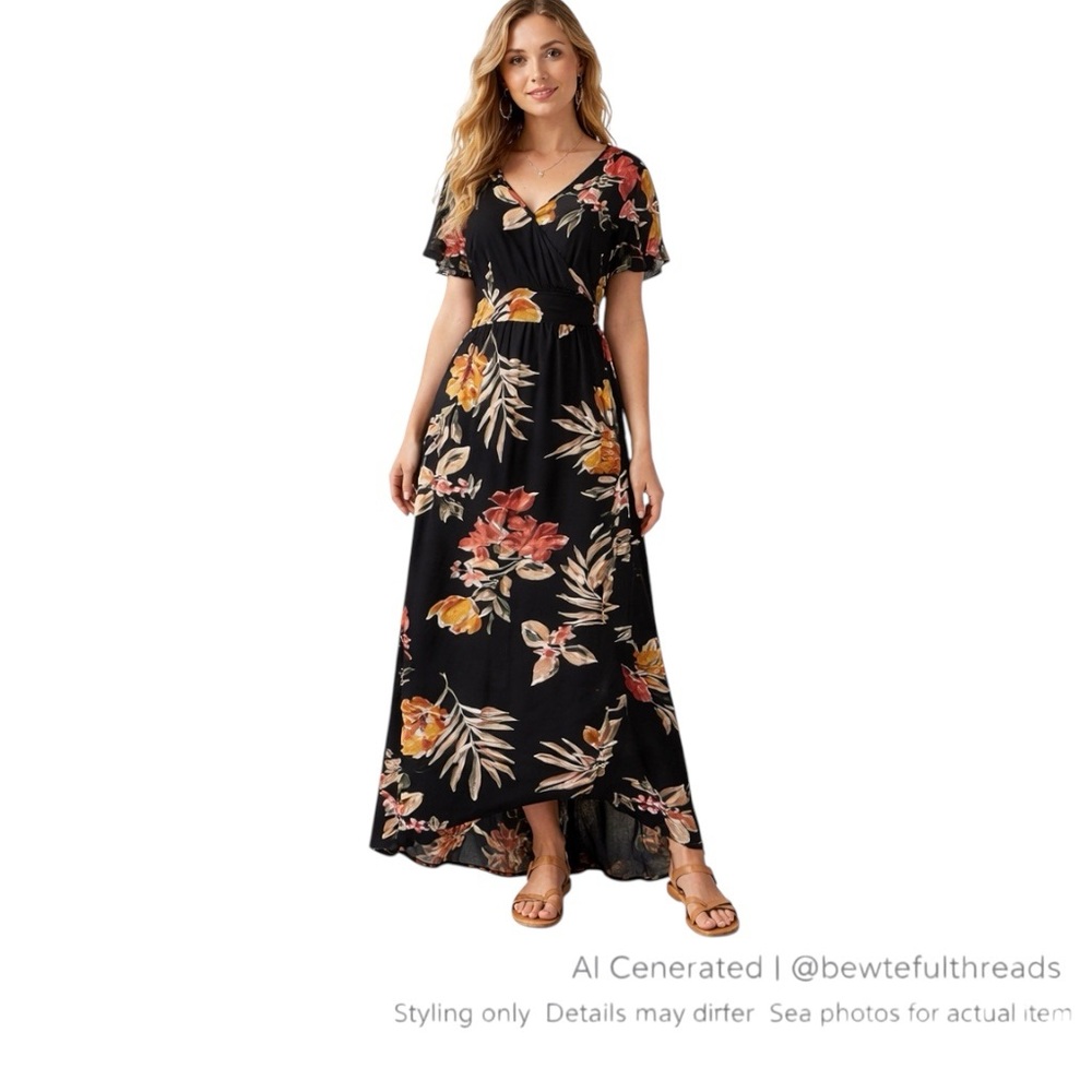 Patrons of Peace Boho Floral Maxi Dress Black Faux Wrap M
